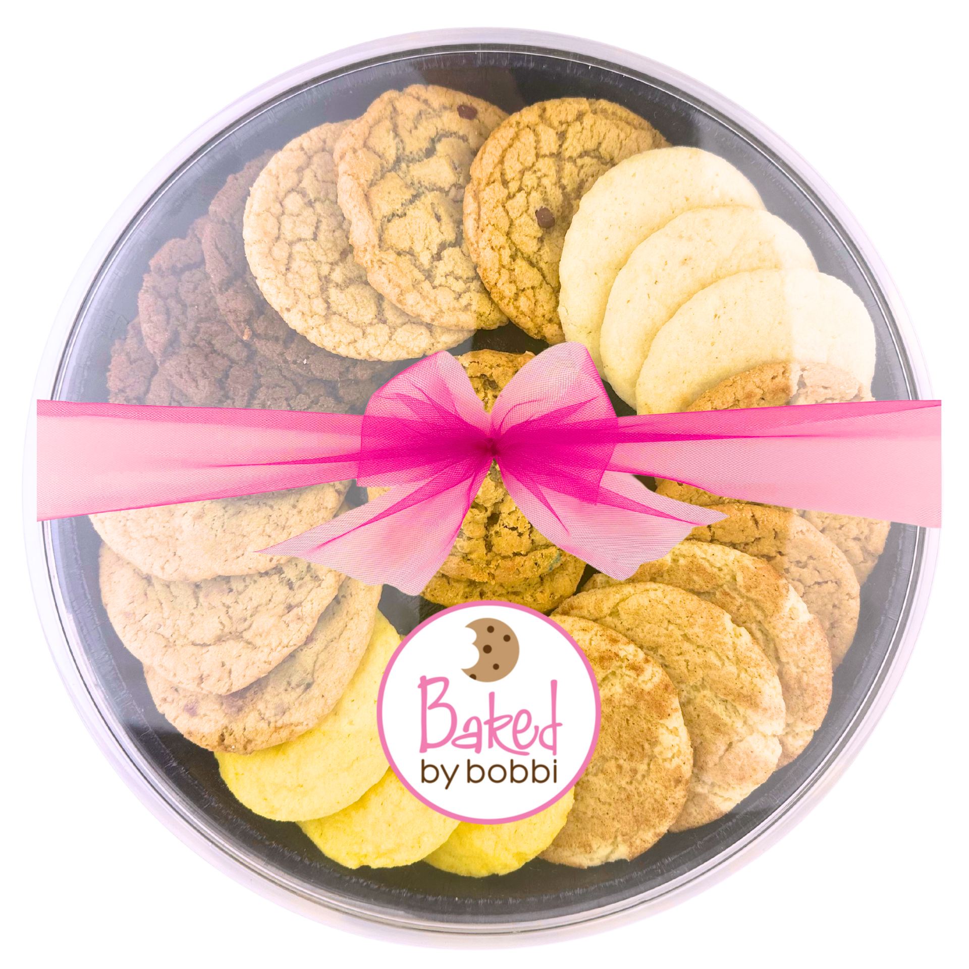 Assorted cookies arranged in a circular pattern on a dark round tray with a cookie in the center