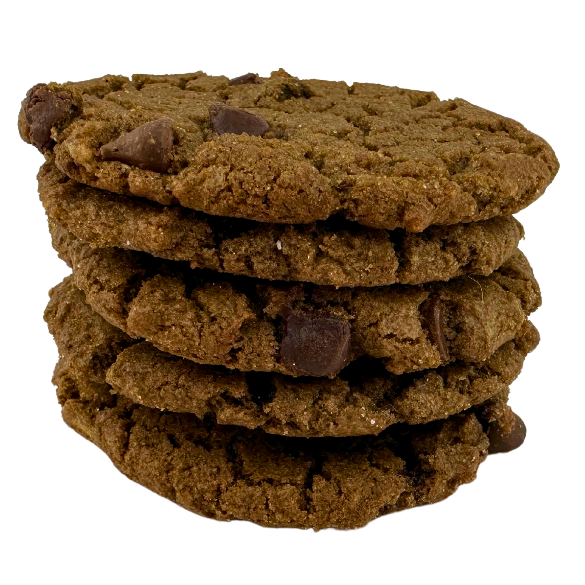 Four chocolate chip cookies are stacked on top of each other