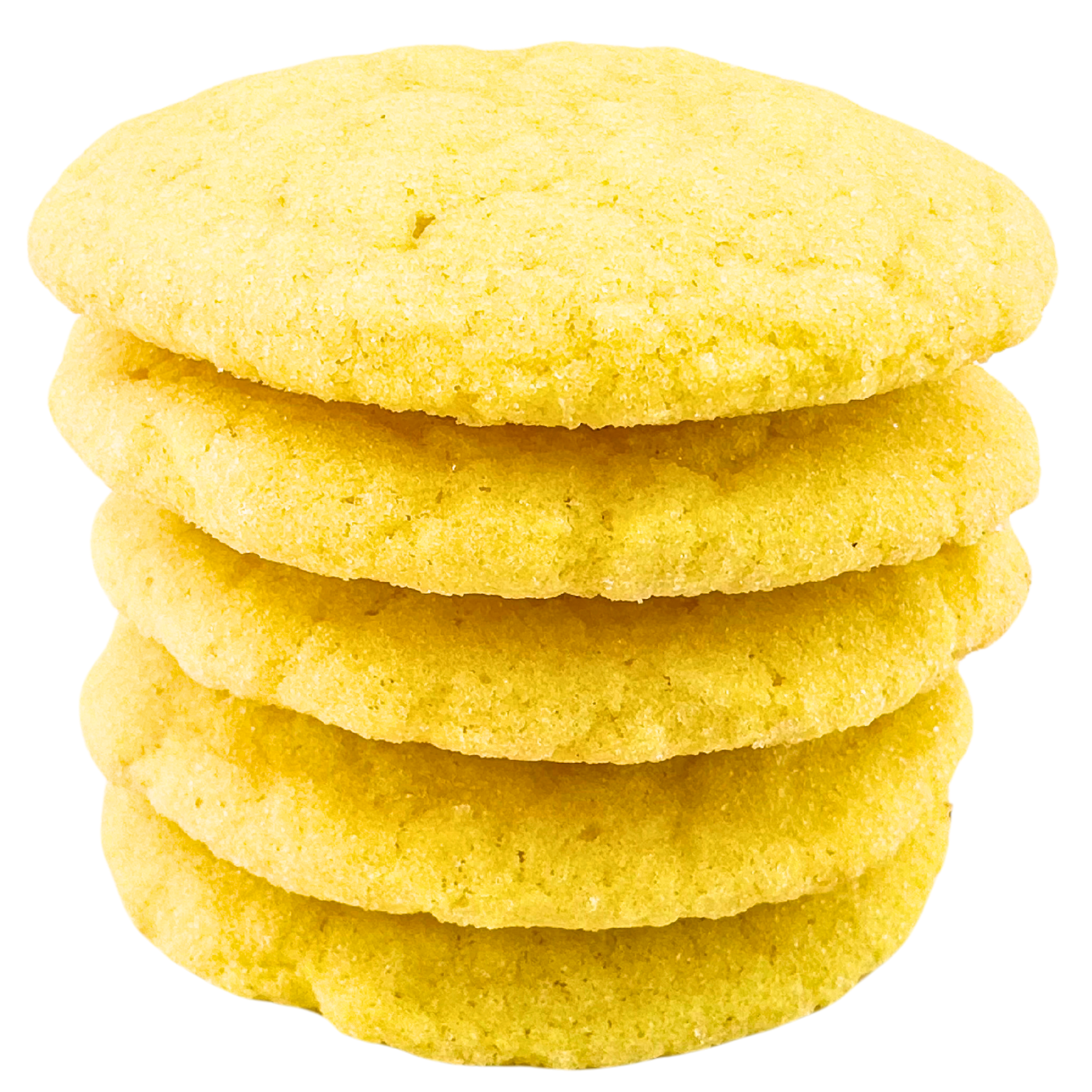 A stack of yellow cookies on a white background.