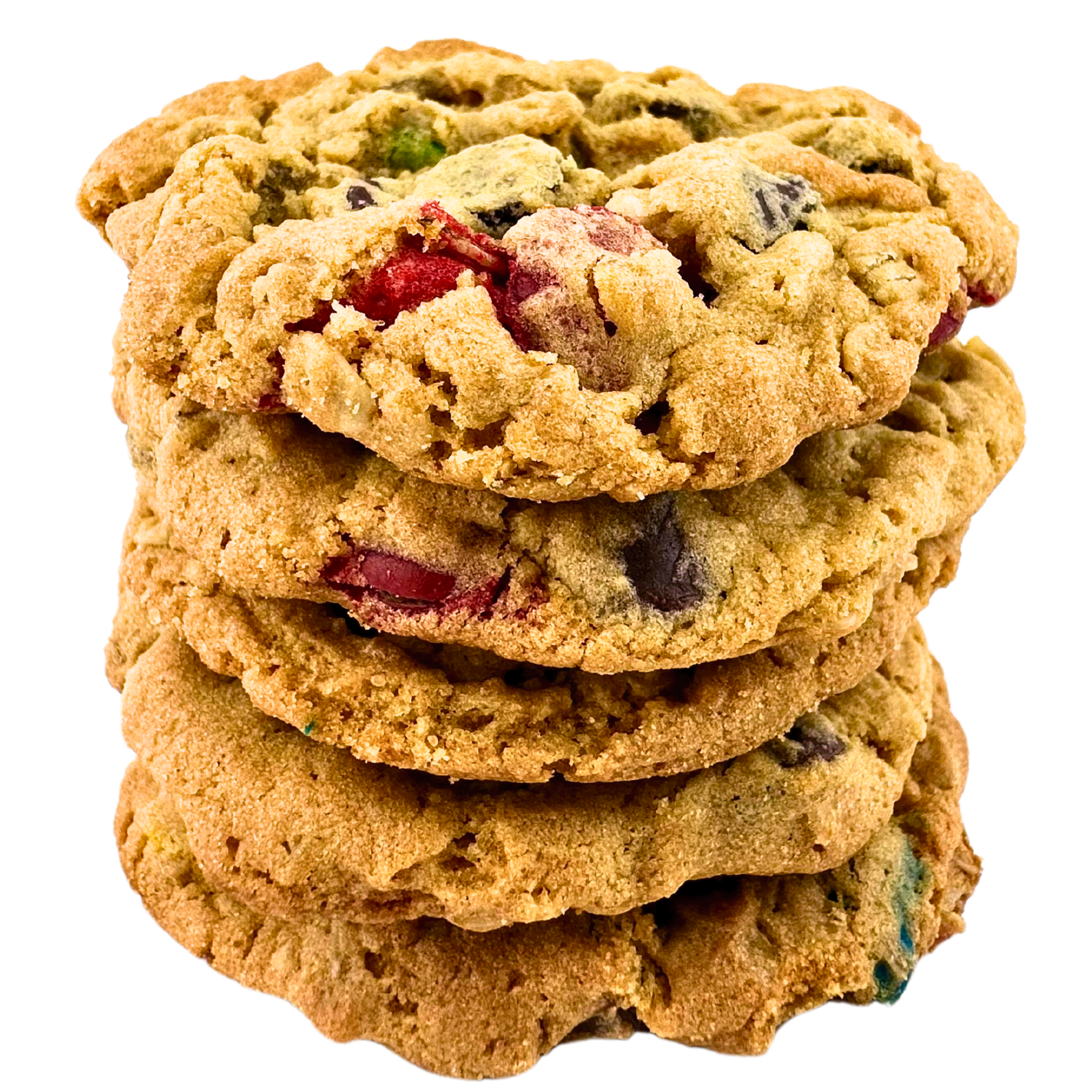 A close up of a stack of cookies on a white background