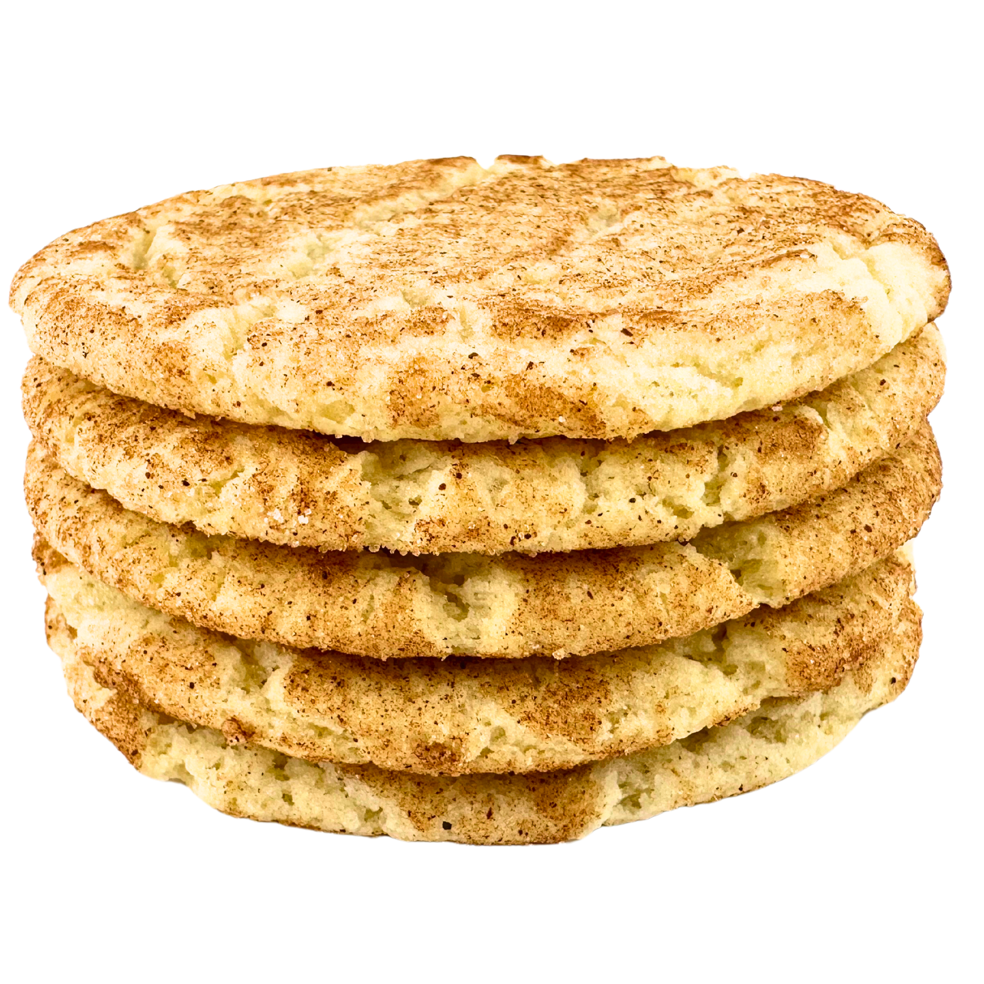Four cinnamon sugar cookies stacked on top of each other on a white background