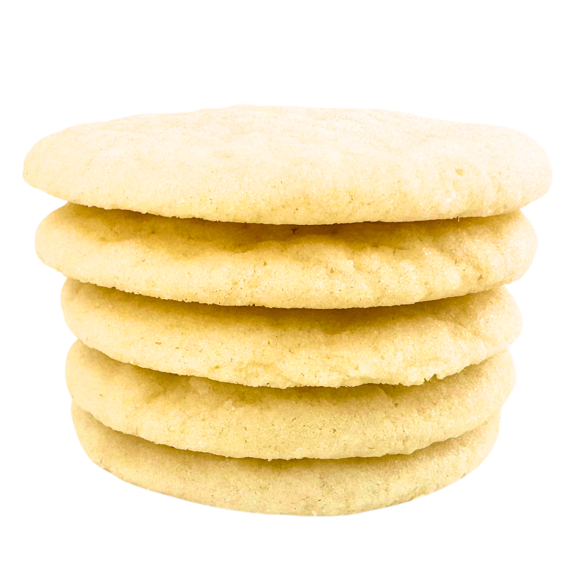 A stack of sugar cookies on a white background.