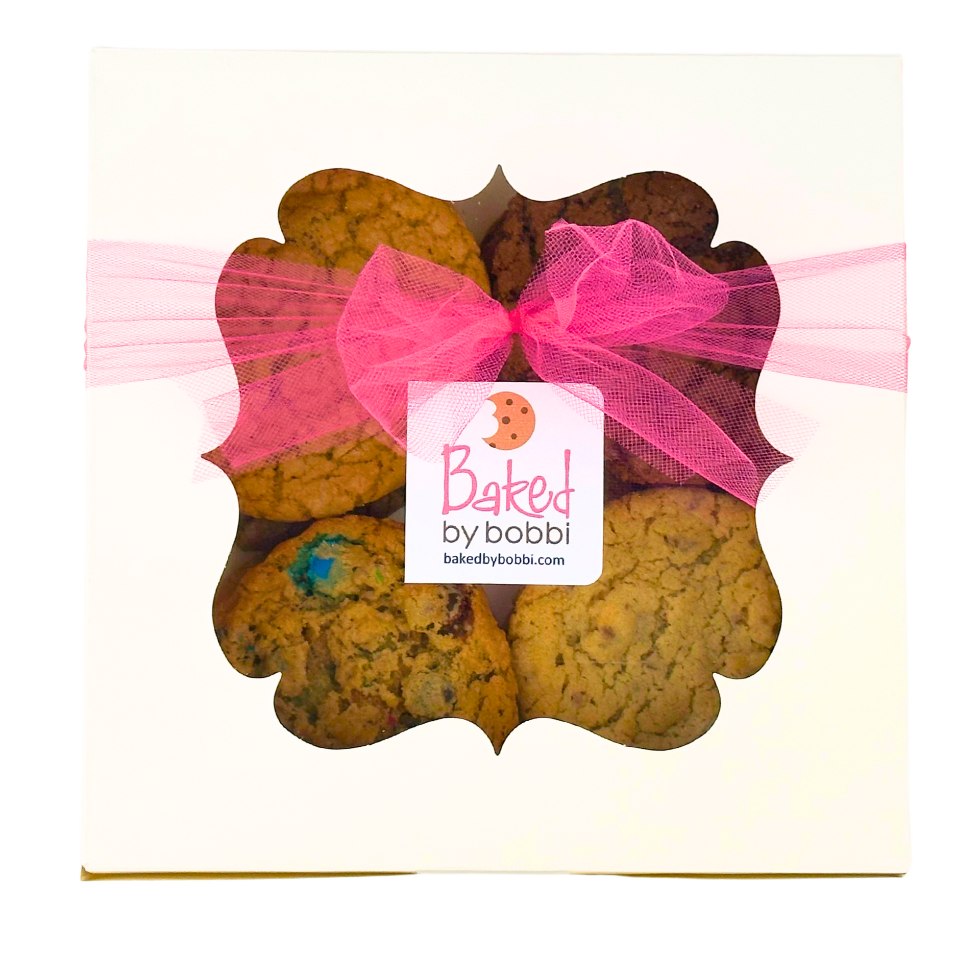 White bakery gift box with a clear window showing assorted cookies and a pink ribbon