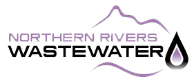A logo for northern rivers wastewater with a mountain and a drop of water