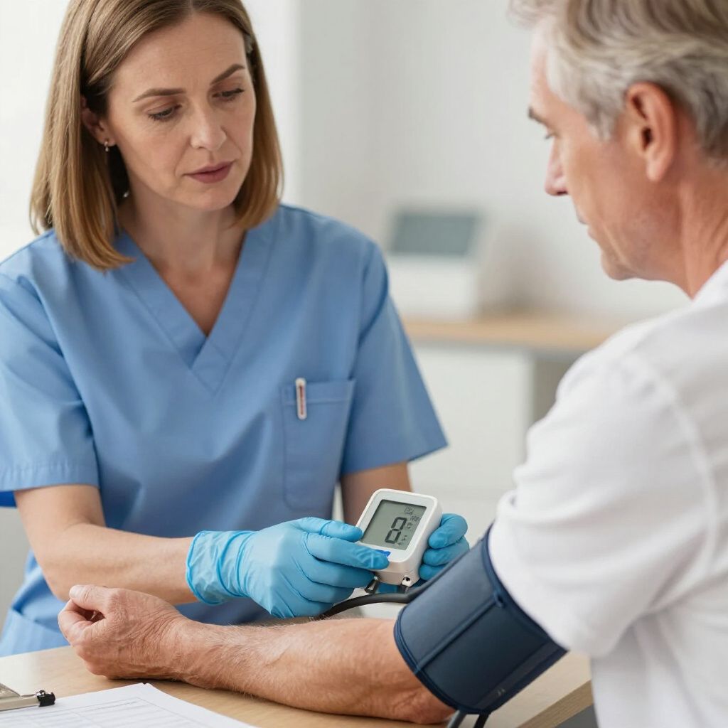 Nurse taking a patient's blood pressure with a digital monitor in a medical office.