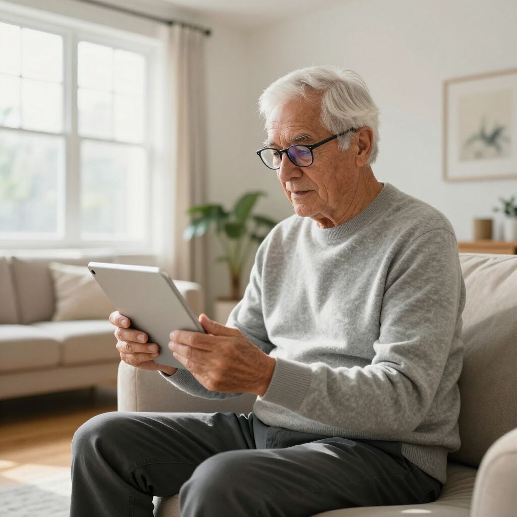 An older person with glasses, sitting on a sofa, looking at a tablet. Brightly lit living room.