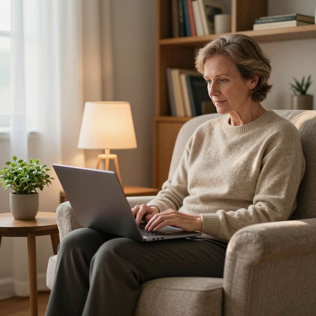 Woman sitting in armchair, using a laptop in a cozy living room setting.
