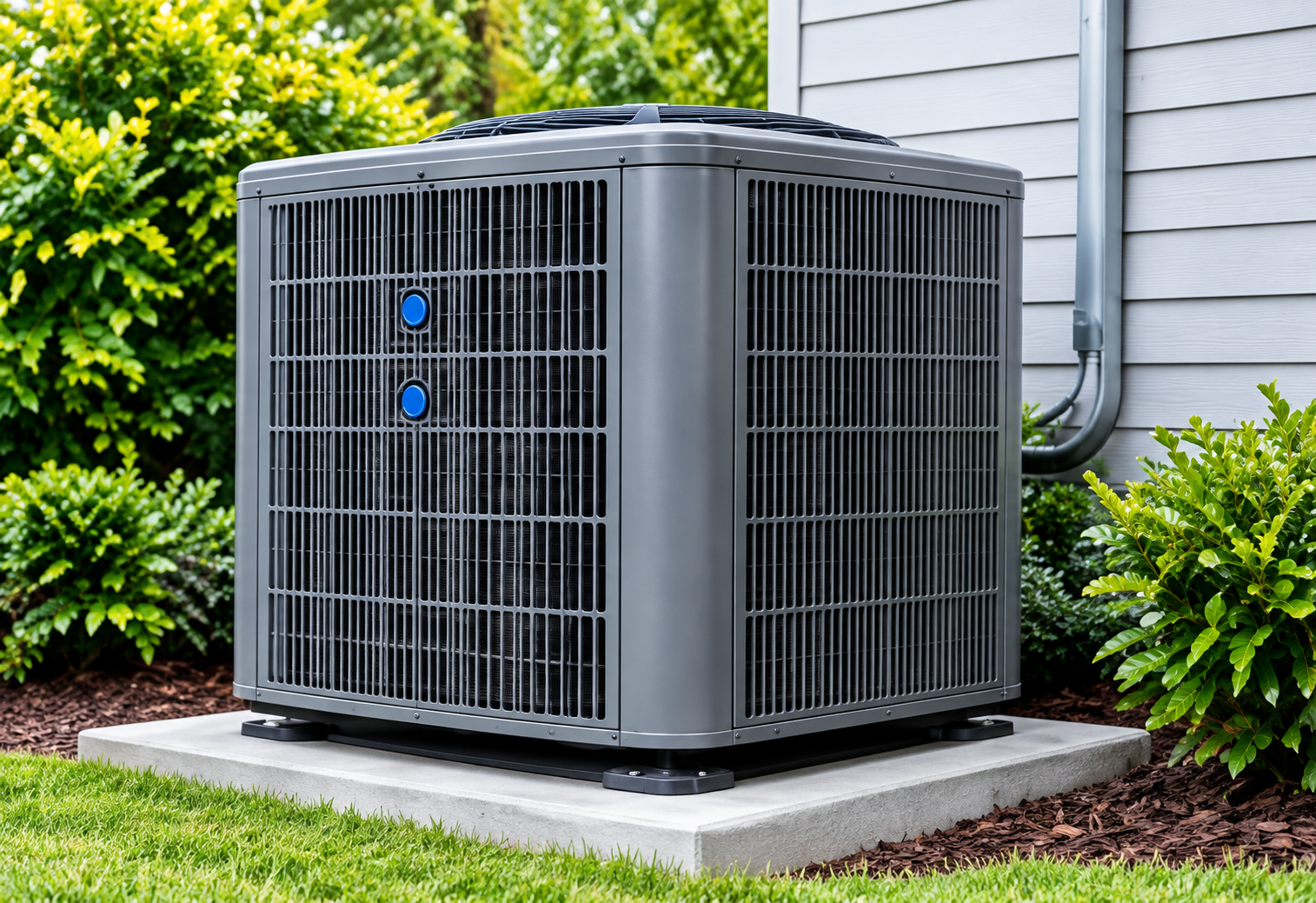 Gray outdoor air conditioner unit beside a house, surrounded by shrubs and mulch