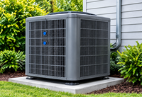 Outdoor gray air conditioning unit beside a house with green shrubs and siding