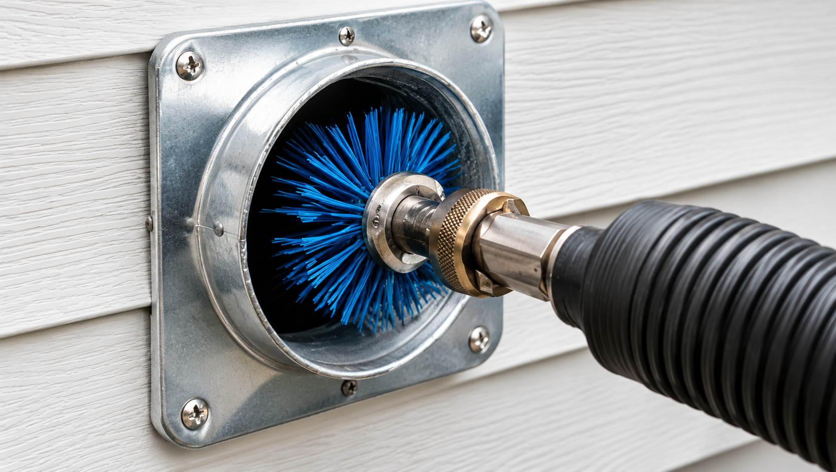A blue-bristled dryer vent brush attached to a drill cleaning a wall vent opening.