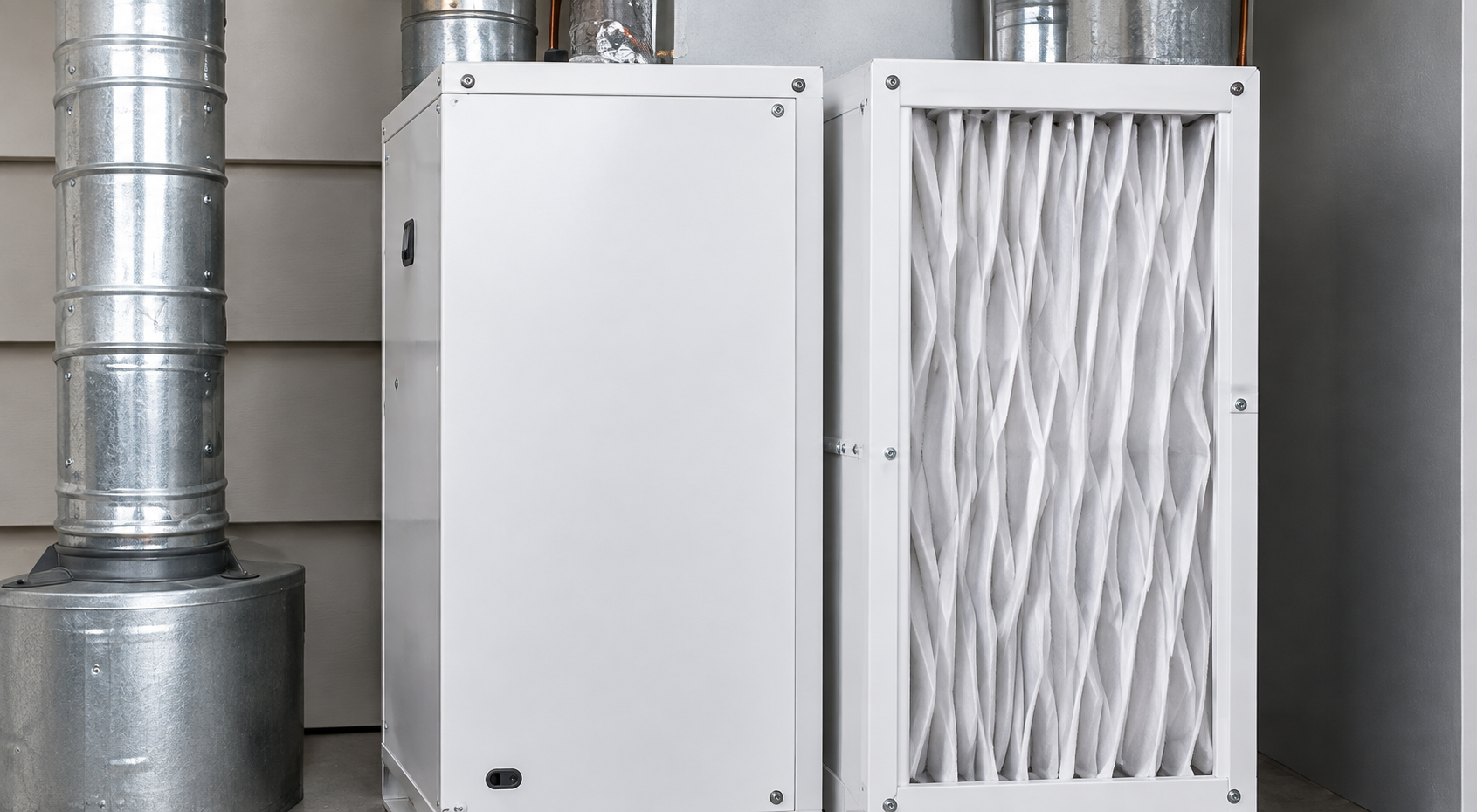 Two white wall-mounted HVAC units beside a metal duct and vent pipe on a gray exterior wall