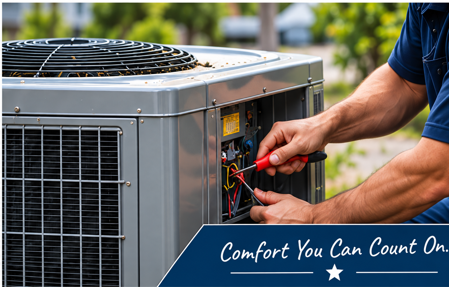 Technician using a screwdriver to repair an outdoor air conditioner unit with exposed wiring.