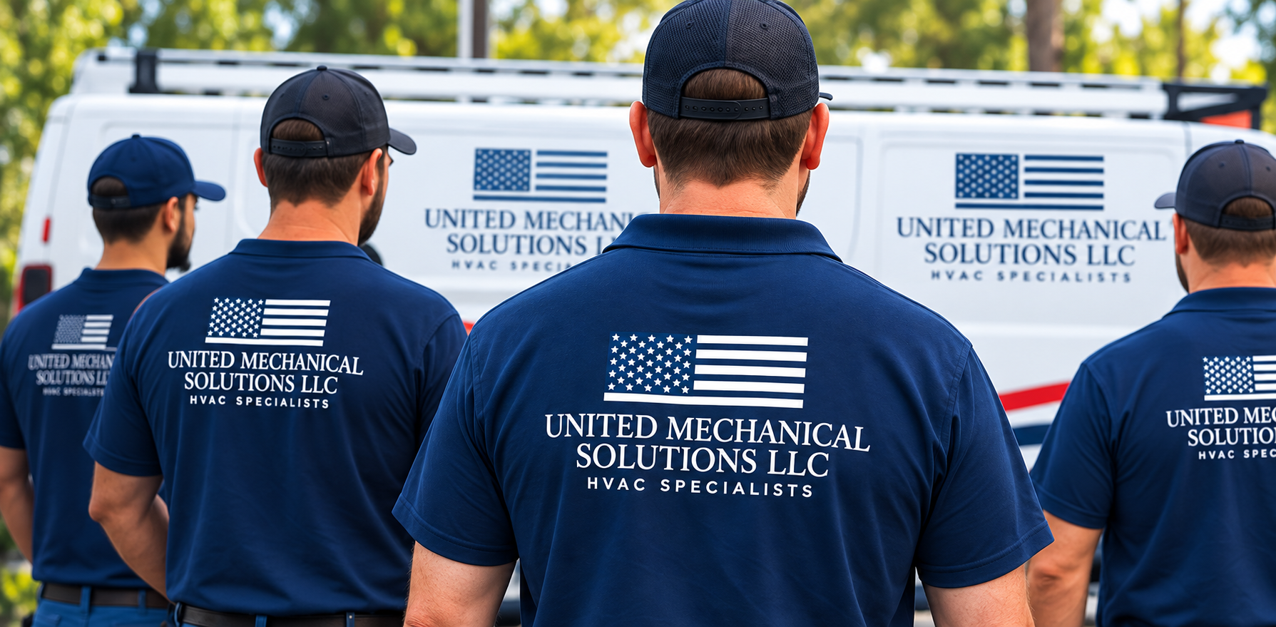 Workers in navy shirts and caps standing in front of United Mechanical Solutions trucks