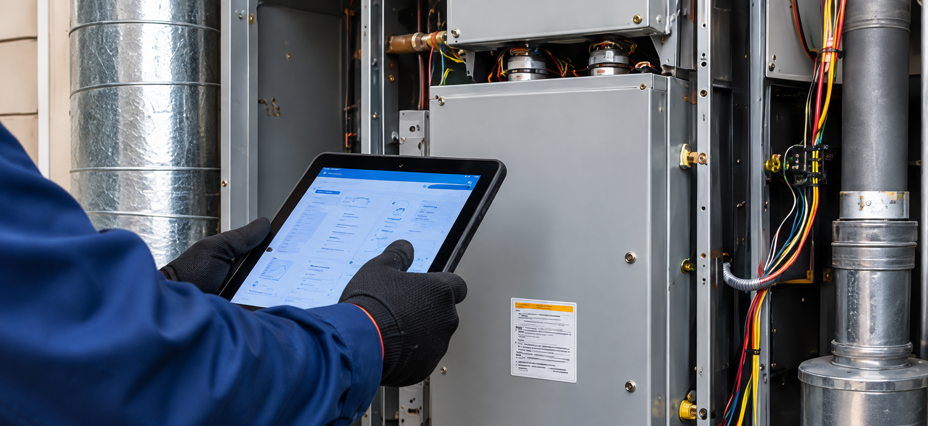 Technician using a tablet to inspect HVAC equipment in a mechanical room