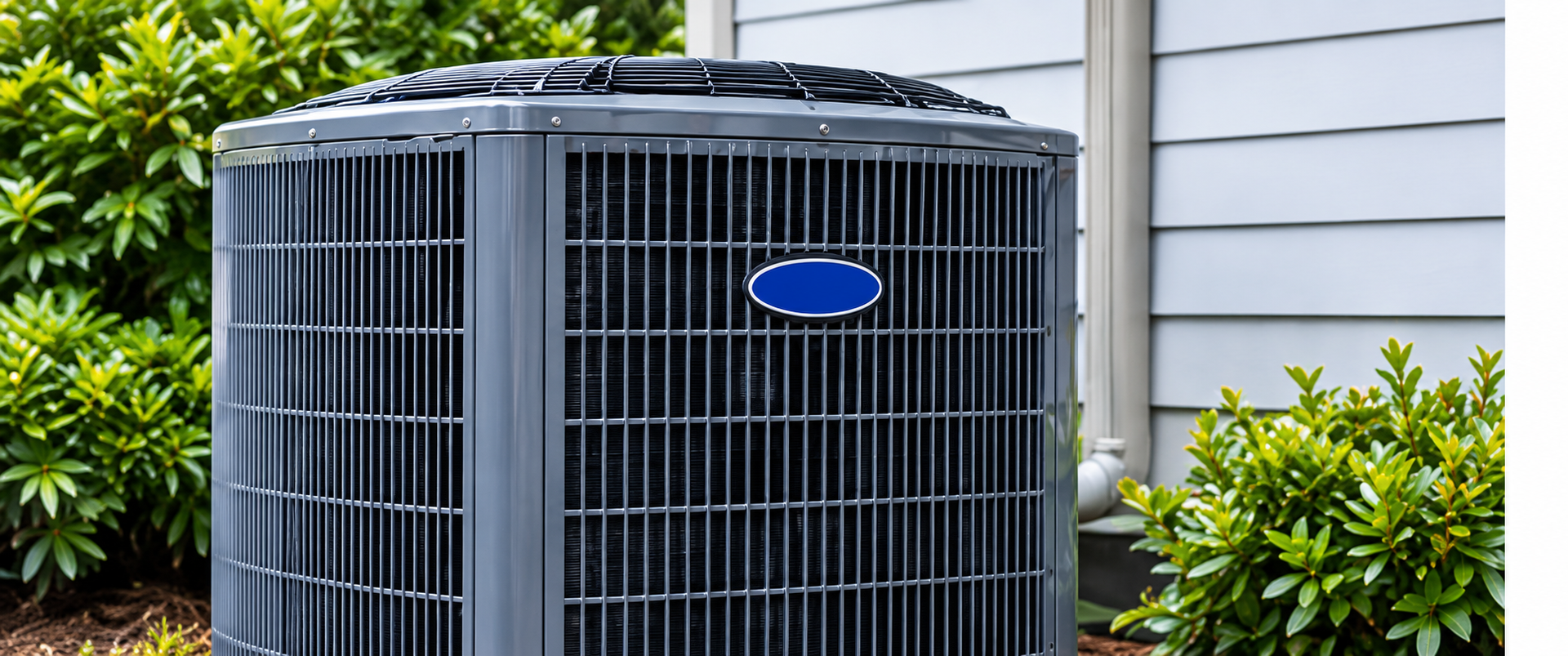 Outdoor gray HVAC condenser unit beside a house with white siding and green shrubs