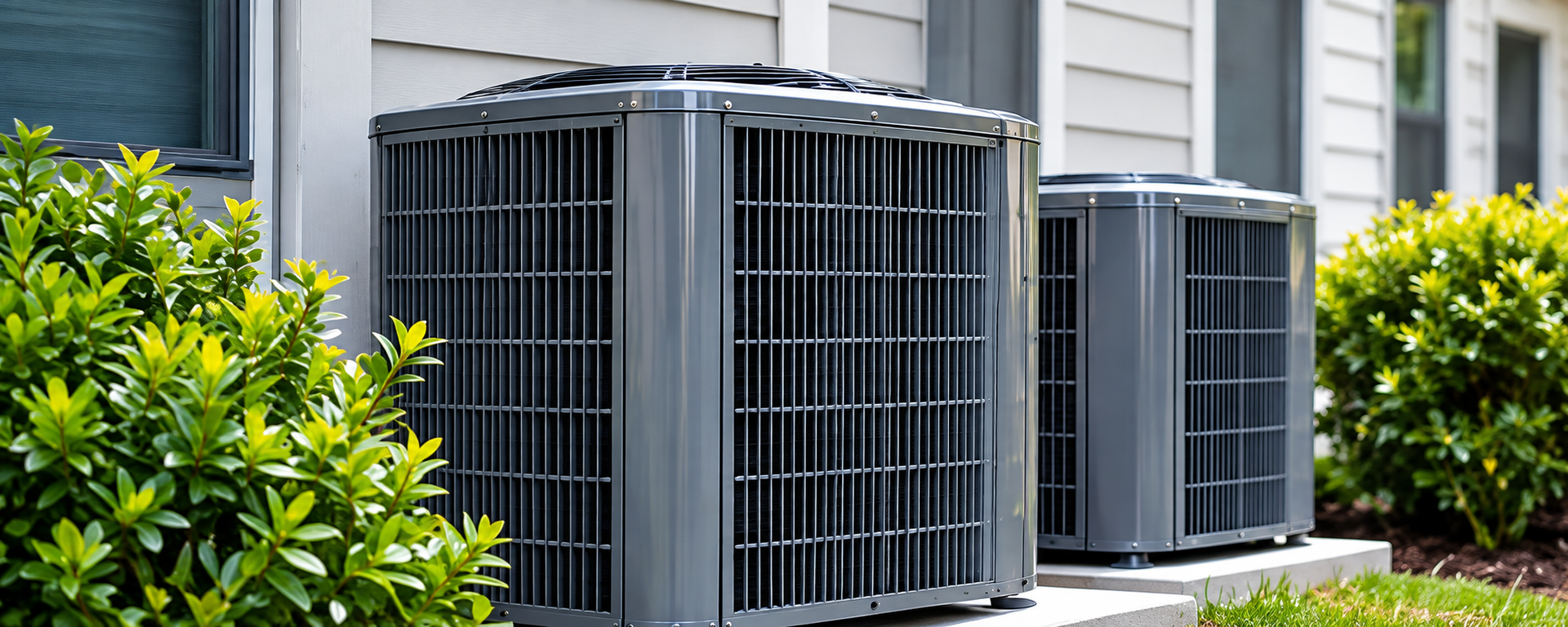 Two outdoor air conditioning units beside a house, with green bushes nearby