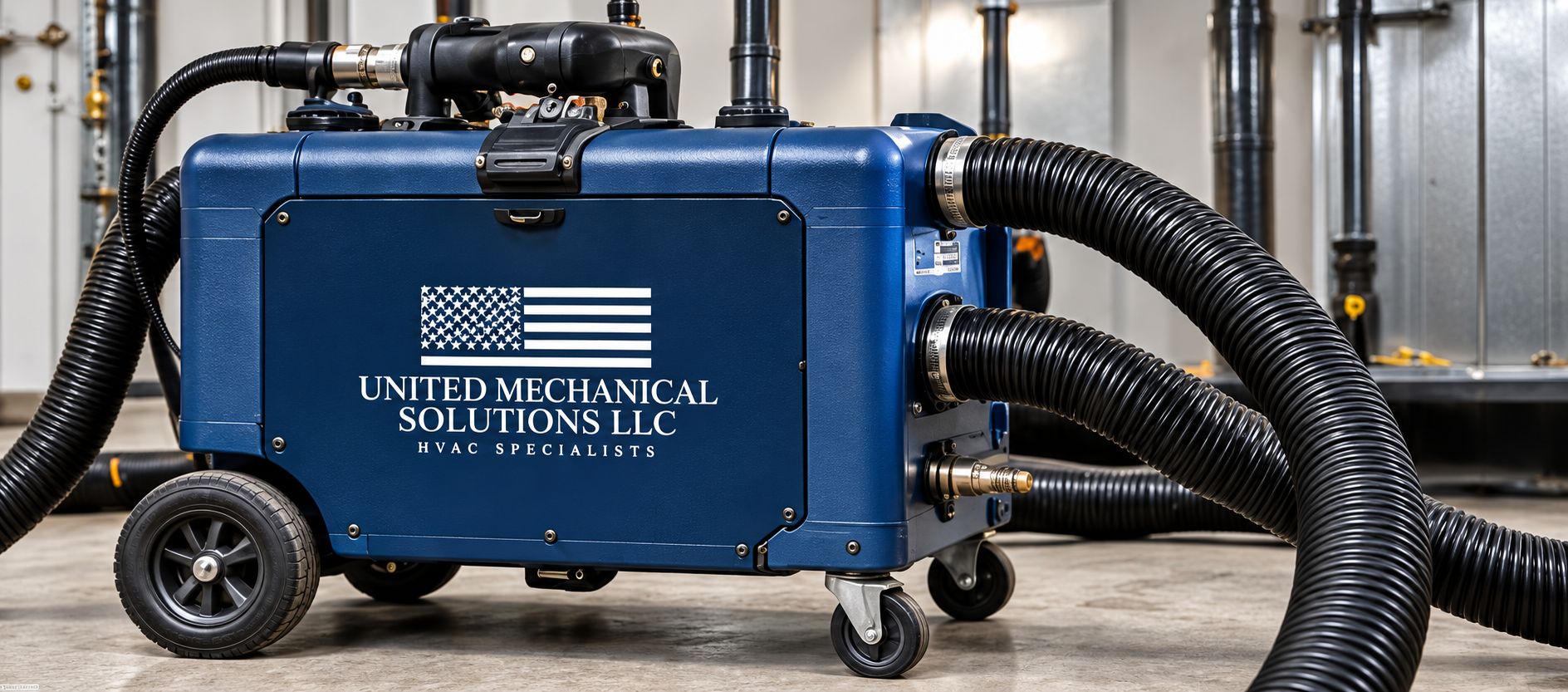 Blue industrial vacuum machine with hoses and wheels in a warehouse setting