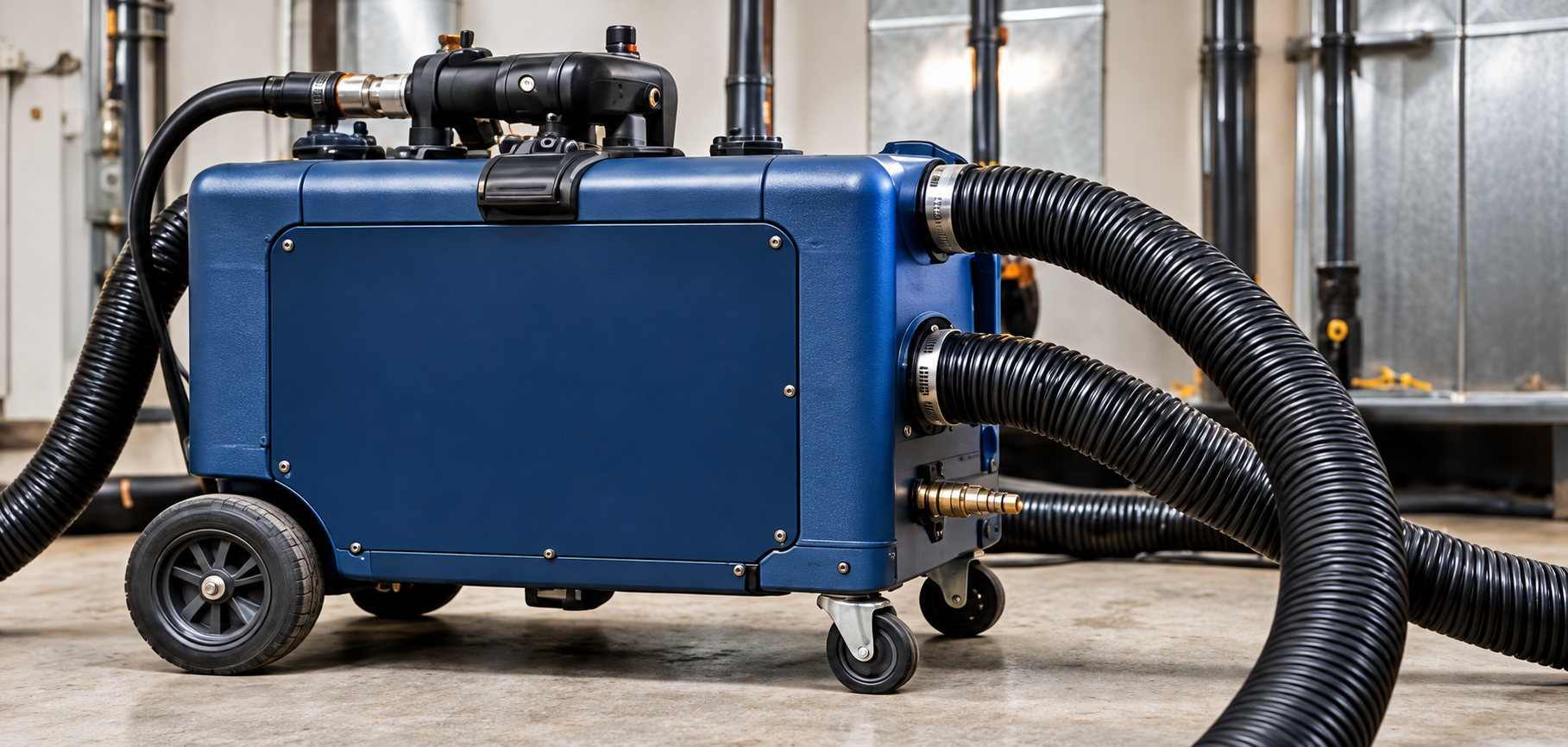 Blue industrial vacuum on wheels with black hoses in a workshop
