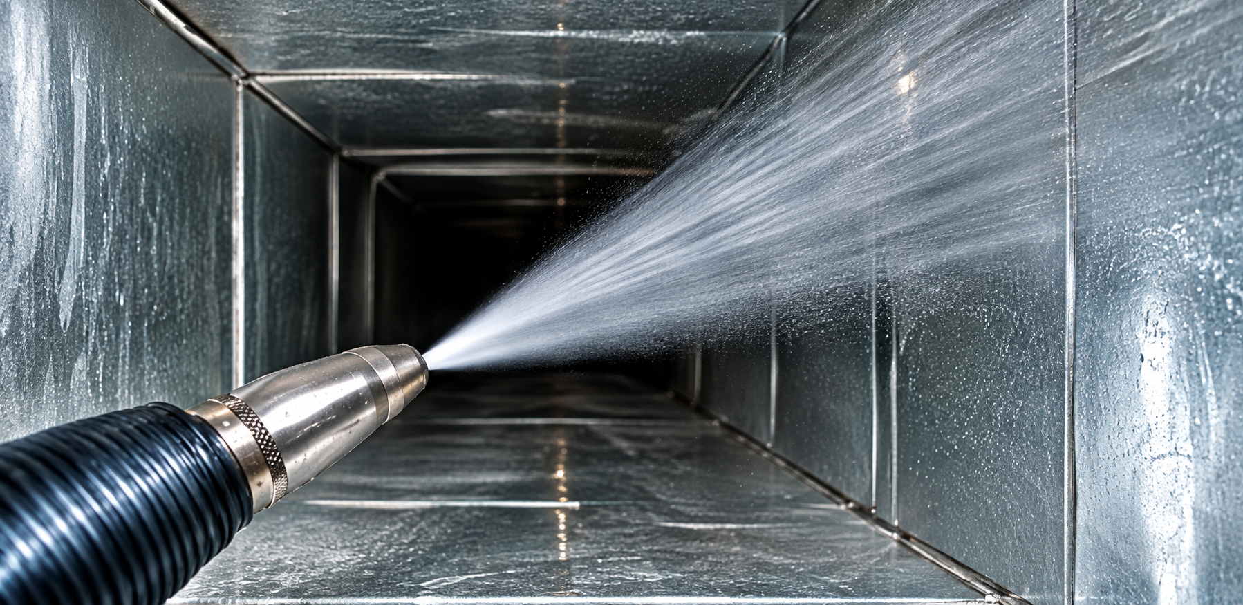 A hose nozzle spraying water into a metal ventilation duct