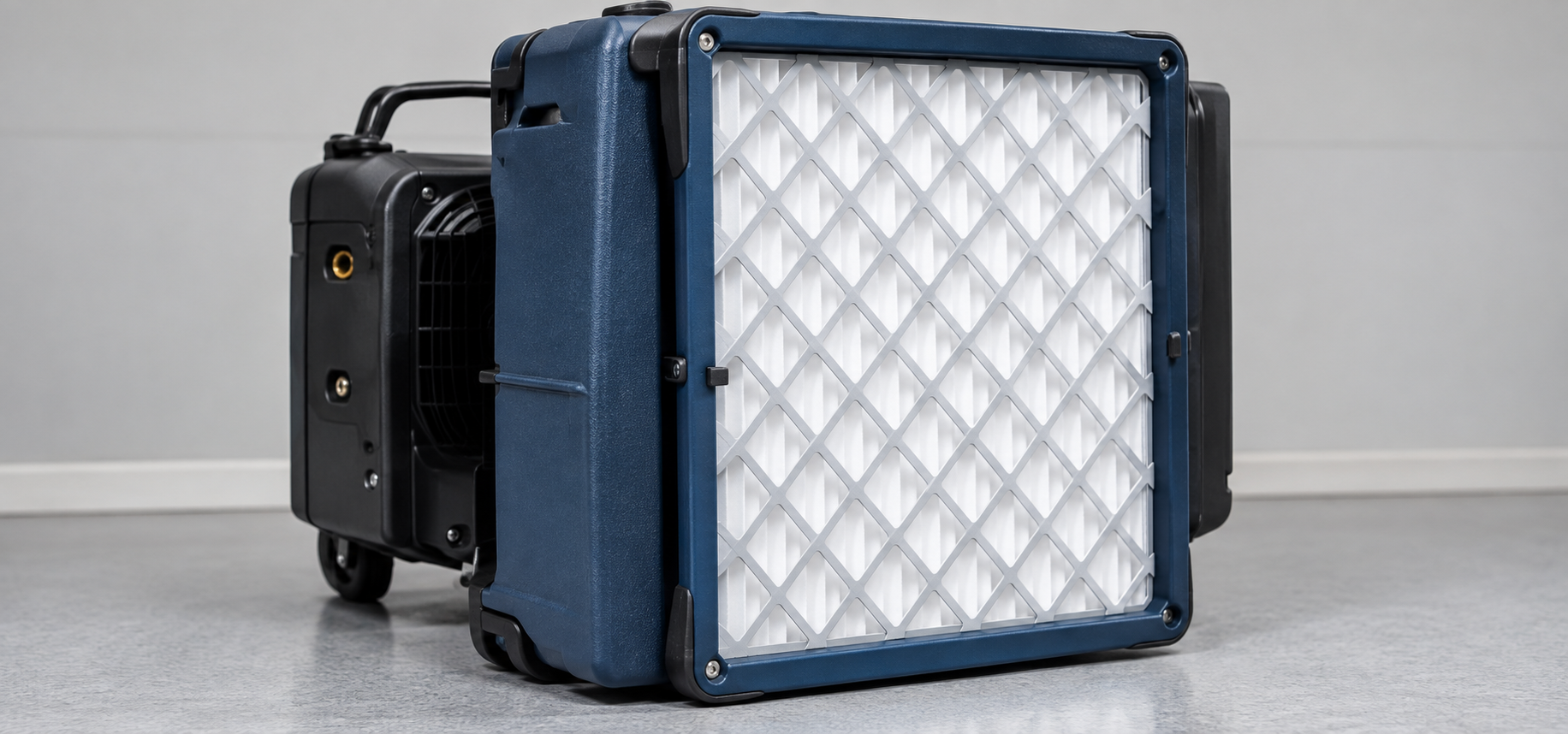 Blue and black wheeled air purifier with diamond-pattern front filter on a gray floor