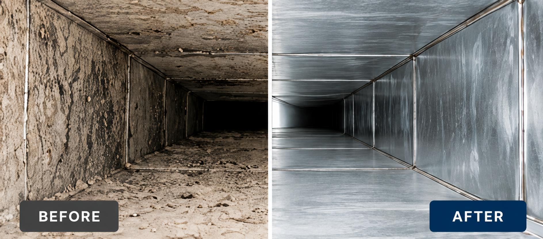 Before-and-after of a dirty concrete duct cleaned to a shiny metal tunnel.