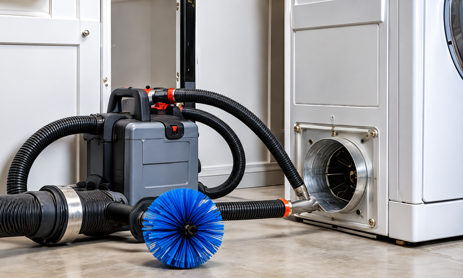 Vacuum and duct cleaning setup beside a white dryer with a blue brush on the floor