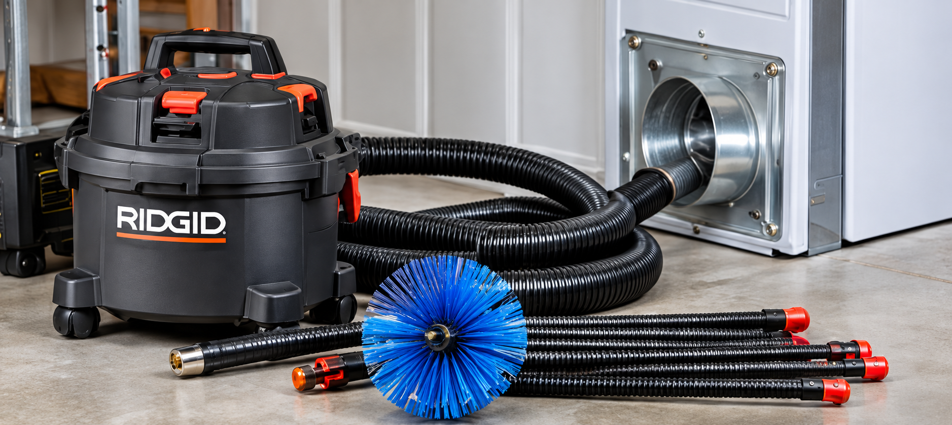 RIDGID shop vacuum with hoses, blue brush, and floor-cleaning attachments beside a metal vent