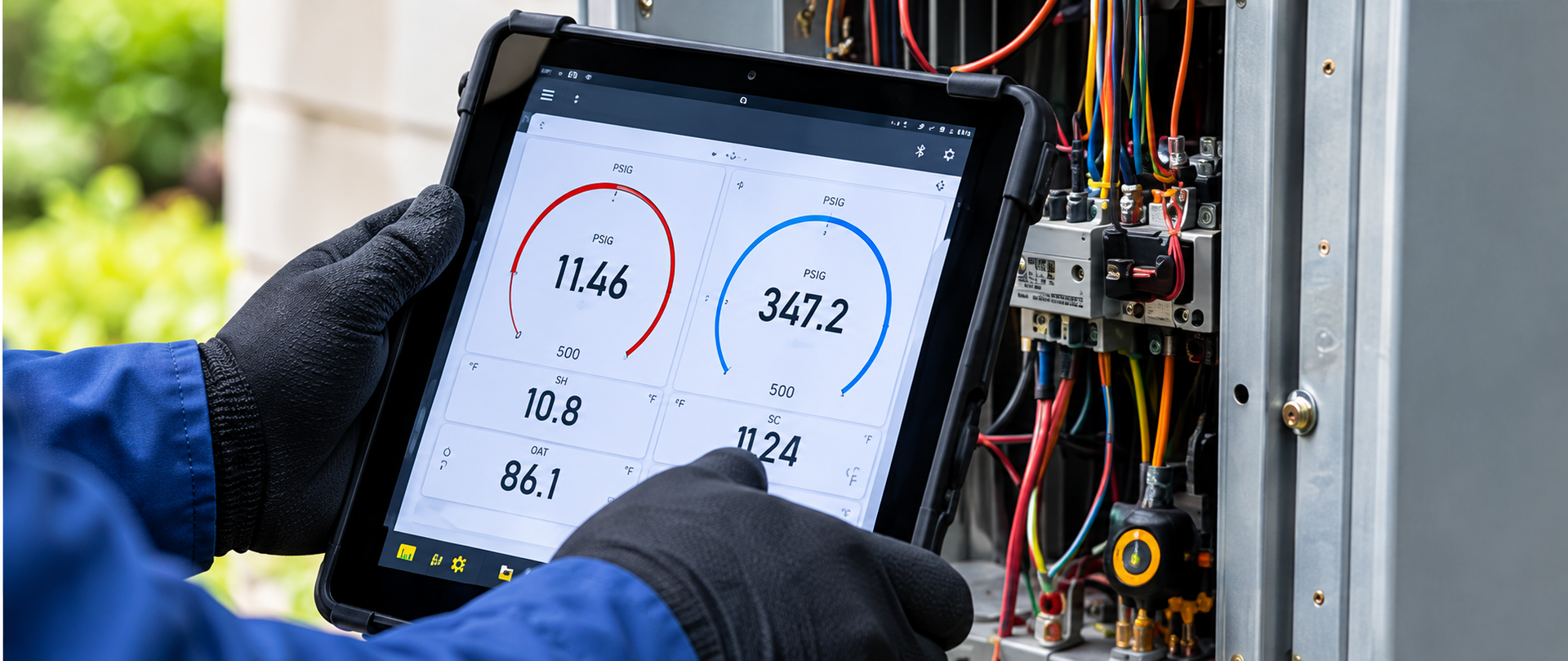Gloved technician using a tablet to inspect electrical equipment with live readings and wiring.