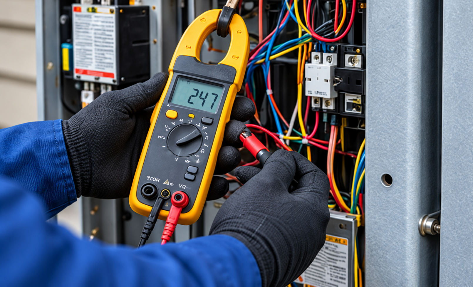 Electrician testing wiring in an electrical panel with a yellow multimeter