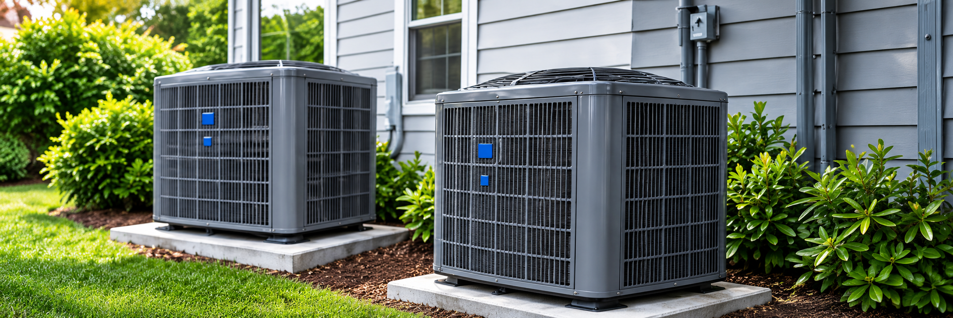 Two gray outdoor HVAC units beside a house with green shrubs and mulch