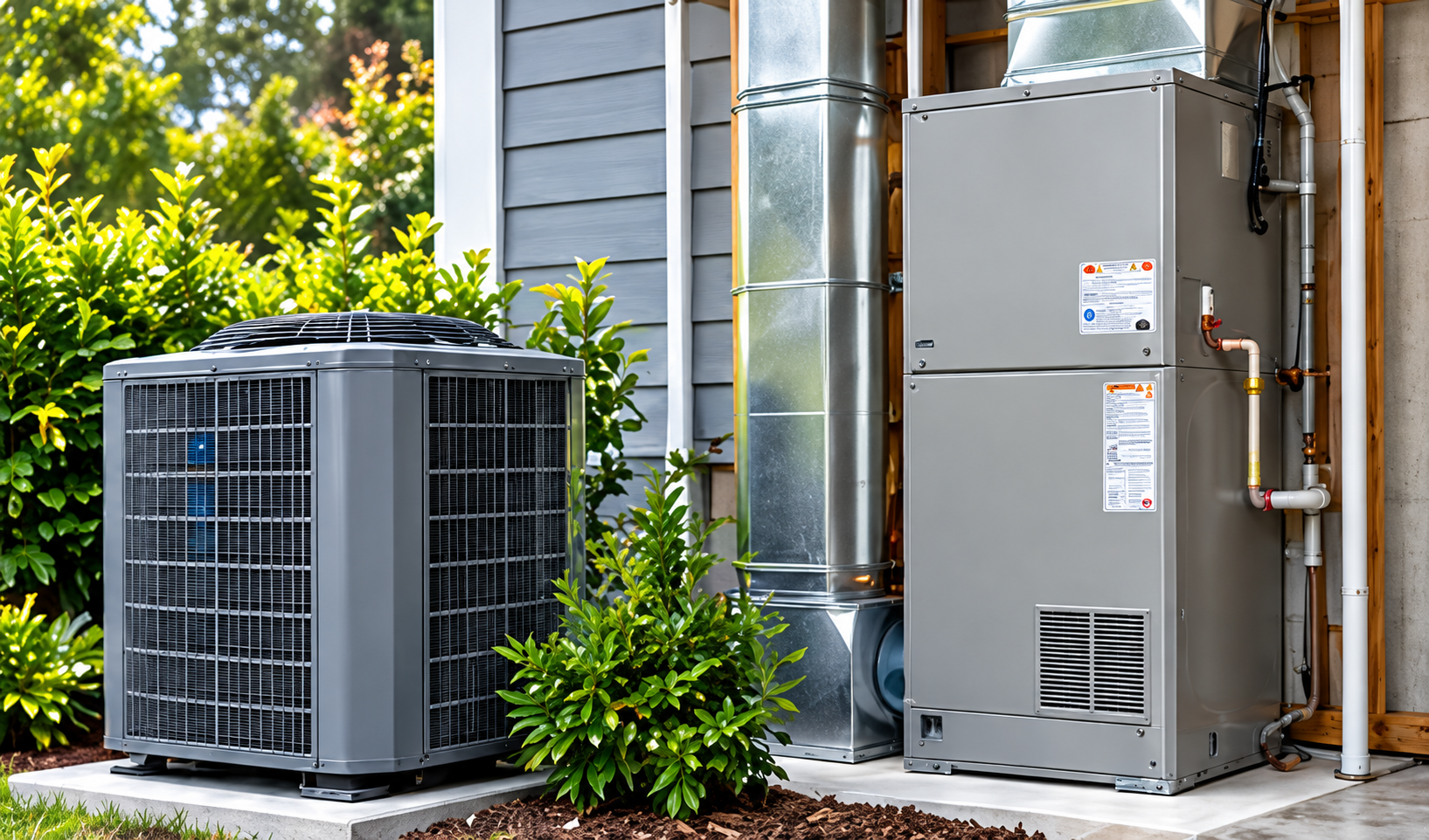 Outdoor HVAC units beside a house, with one large gray furnace and a smaller black air conditioner unit