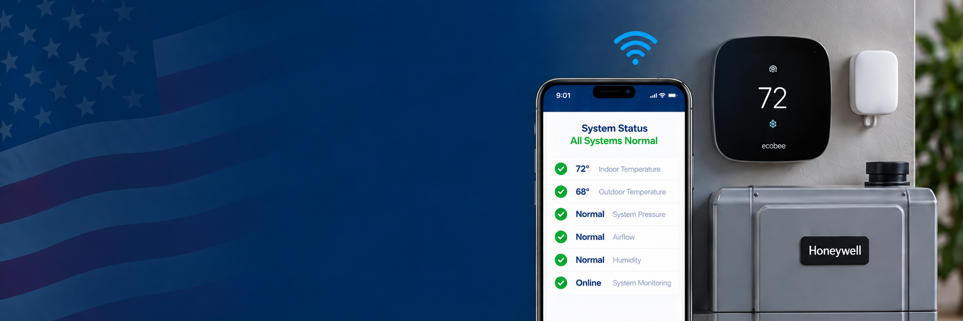 Smartphone displaying a home app dashboard beside a thermostat, smart plug, and connected devices on a blue background