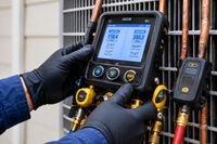 Gloved hands using a digital HVAC manifold gauge on copper pipes and hoses