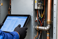 Technician using a tablet to inspect electrical wiring and copper pipes inside a utility panel