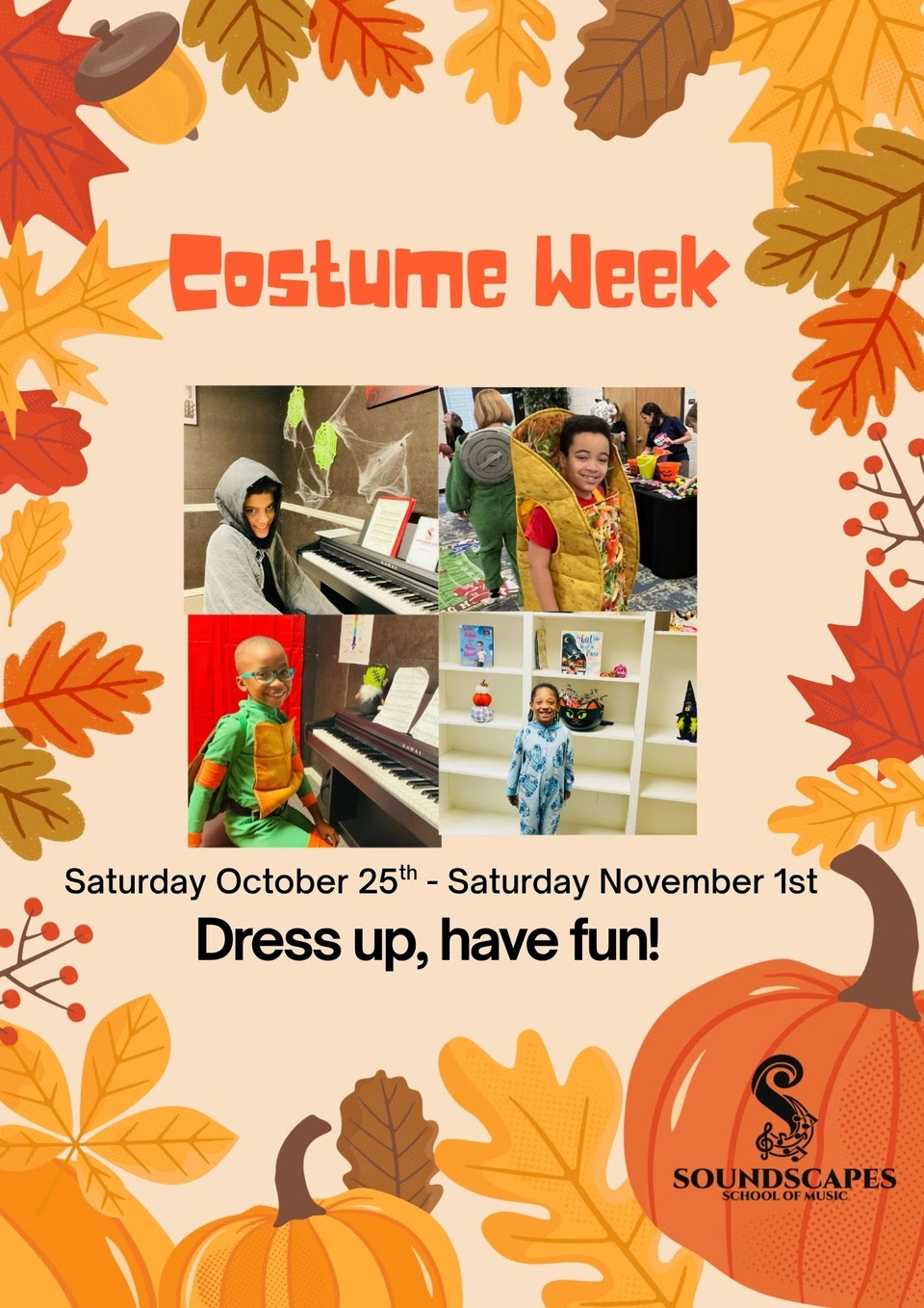 Poster for Costume Week, with children in costumes and autumn leaves/pumpkin illustrations. Poster for Costume Week, with children in costumes and autumn leaves/pumpkin illustrations.