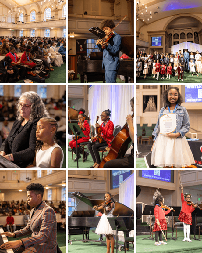 Nine photos of a music performance in a church. Musicians playing violin and piano, choir and audience present.