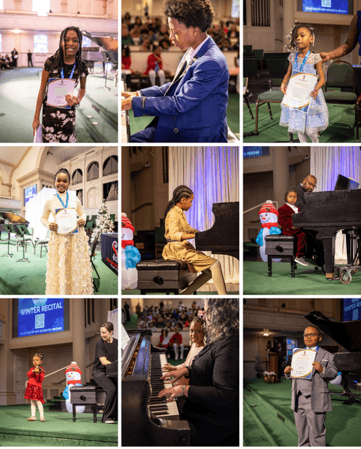 Nine people, piano performers, holding certificates at an event. Stage setting.