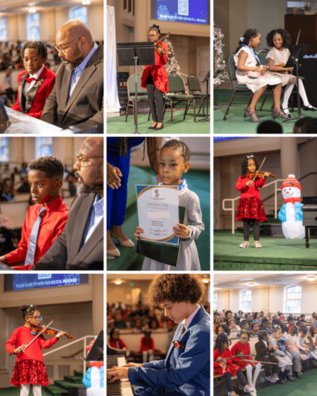 Children performing music in a church. Violinists and pianist, audience members.