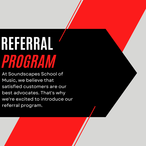 Referral program announcement: Red and black text on a gray background. Text reads Referral program announcement: Red and black text on a gray background. Text reads