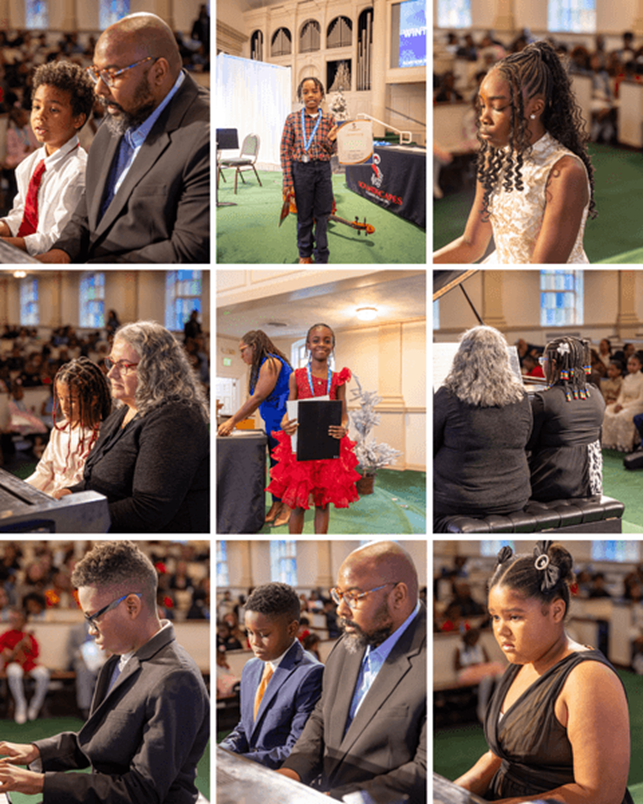 Nine photos of children and adults at a piano recital in a church. Performers wear formal attire, playing piano or receiving awards.