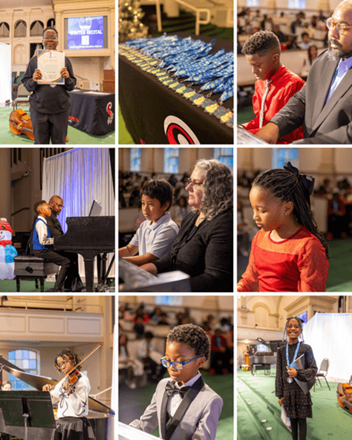 Children performing at an event, including musical performances and awards. Indoors, with an audience.