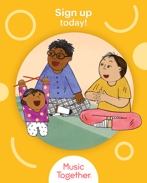 Three children and adult sit together, singing. Yellow background with Three children and adult sit together, singing. Yellow background with