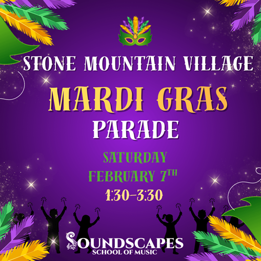 Mardi Gras parade announcement. Purple background with text, mask graphic. Saturday, February 7th, 1:30-3:30 in Stone Mountain Village. Mardi Gras parade announcement. Purple background with text, mask graphic. Saturday, February 7th, 1:30-3:30 in Stone Mountain Village.