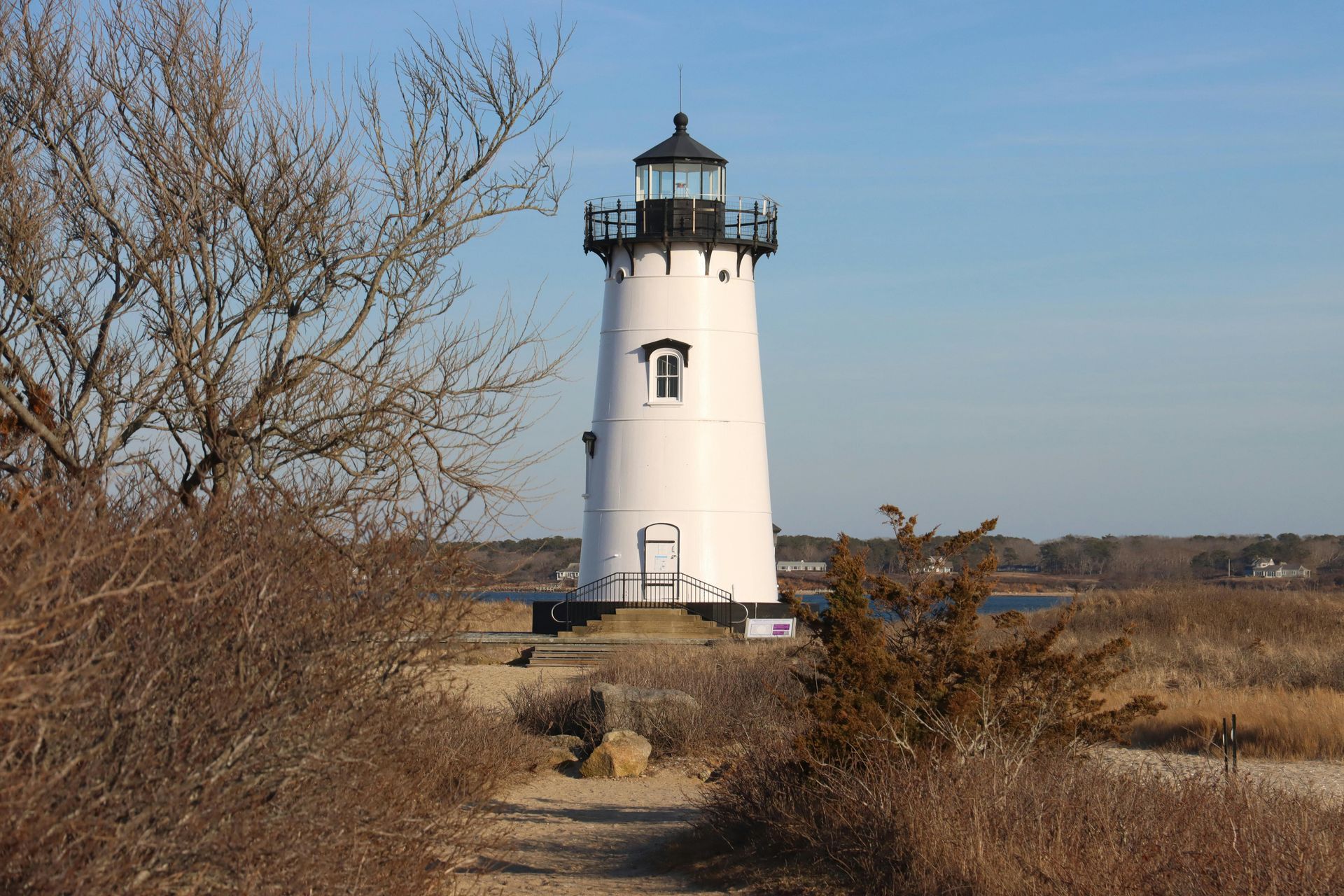 A white, conical lighthouse stands on a grassy path surrounded by bare bushes under a clear, bright blue sky.