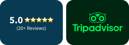 A Tripadvisor 5.0 rating badge with five gold stars and 20+ reviews.