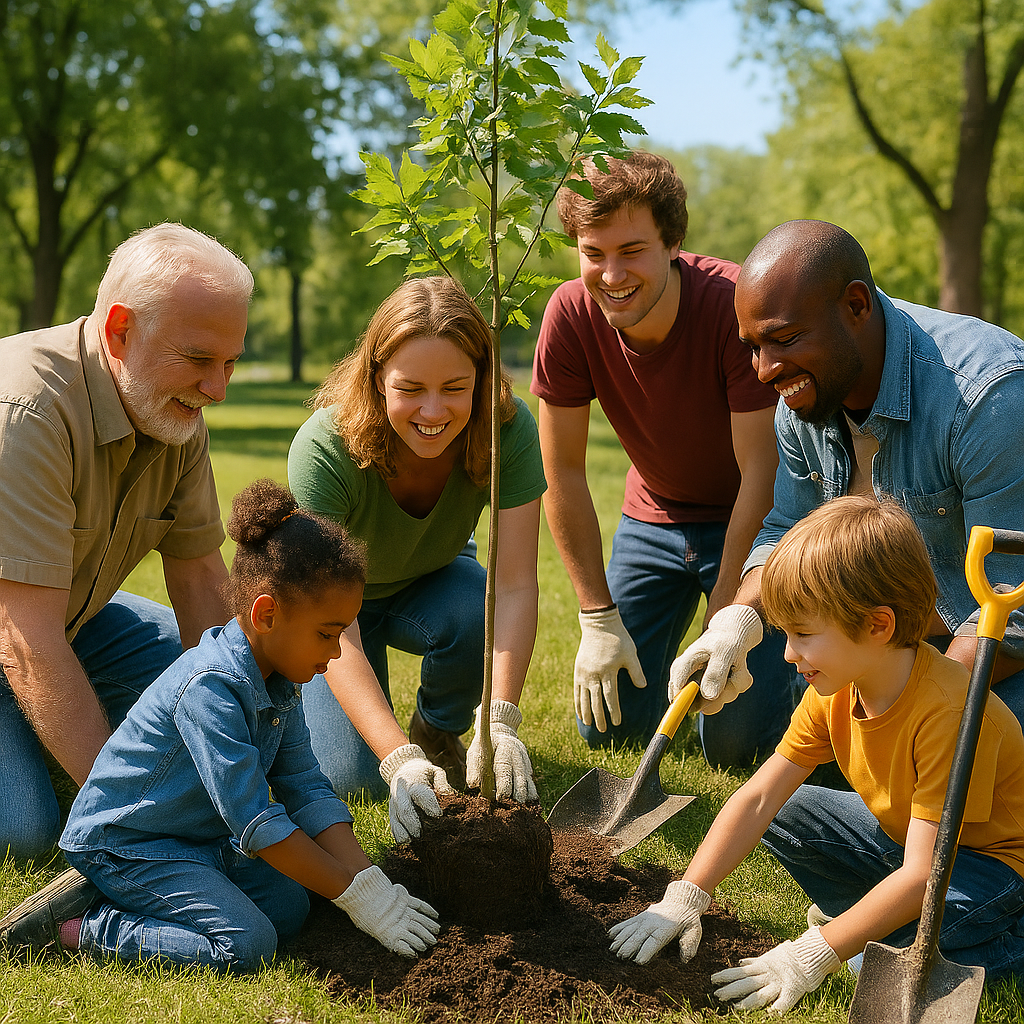 A diverse group of adults and children planting a young tree together in a sunny park, smiling and working with shovels and gloves.
