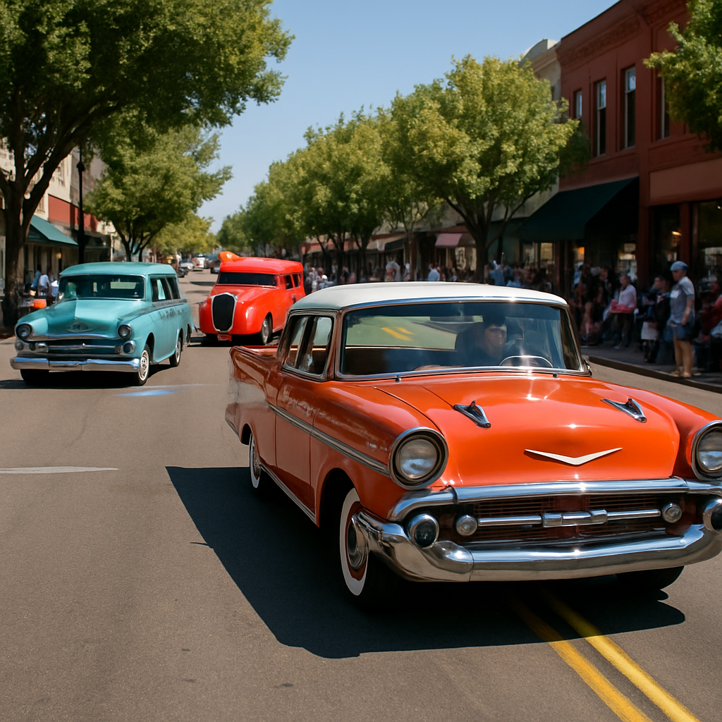 Downtown parade of vintage cars featuring a bright orange Chevrolet, followed by teal and red classic vehicles with spectators along the street.