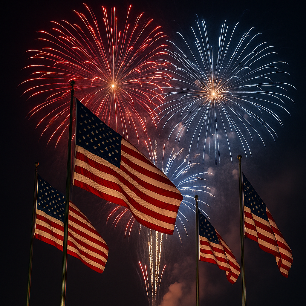 Four American flags waving at night with red, white, and blue fireworks bursting behind them.