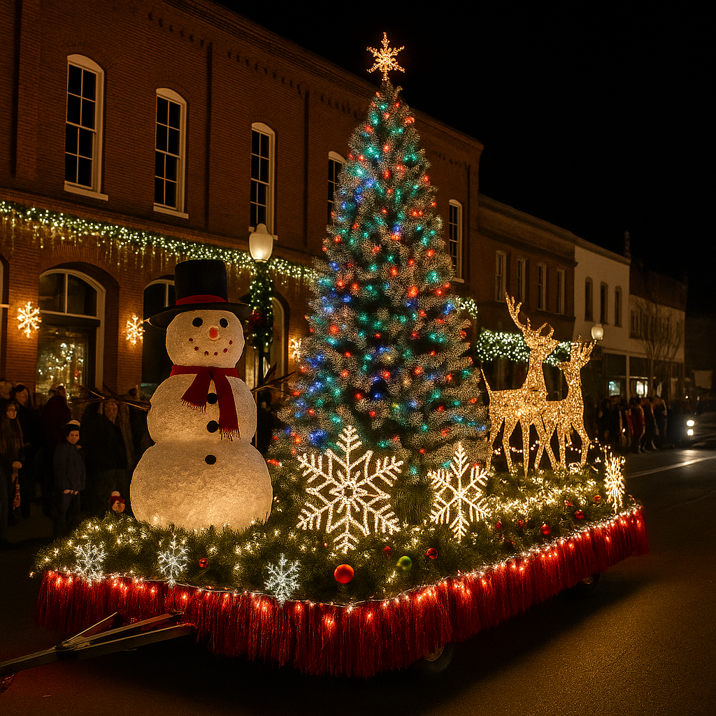 Nighttime holiday parade float with a large decorated Christmas tree, glowing snowflakes, smiling snowman, and golden reindeer in front of lit historic buildings.