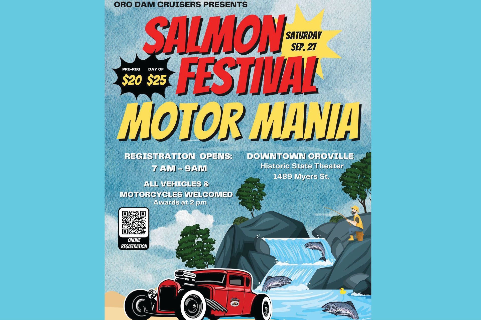 Salmon Festival Motor Mania flyer promoting the classic car show in Downtown Oroville on September 27, 2025, hosted by Oro Dam Cruisers.